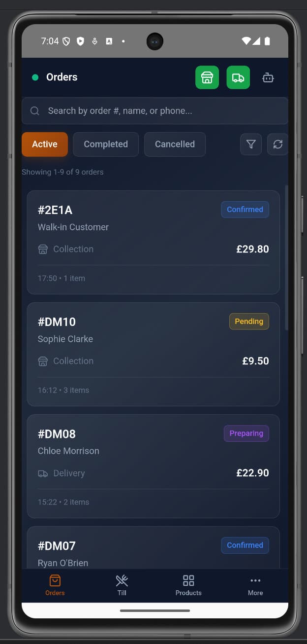 Mobile EPOS app showing active orders