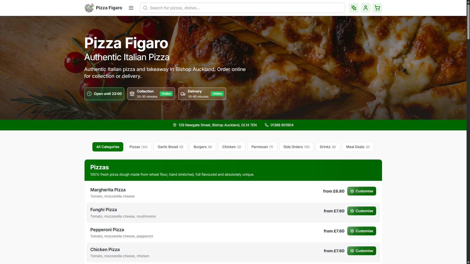 Customer ordering website with menu categories